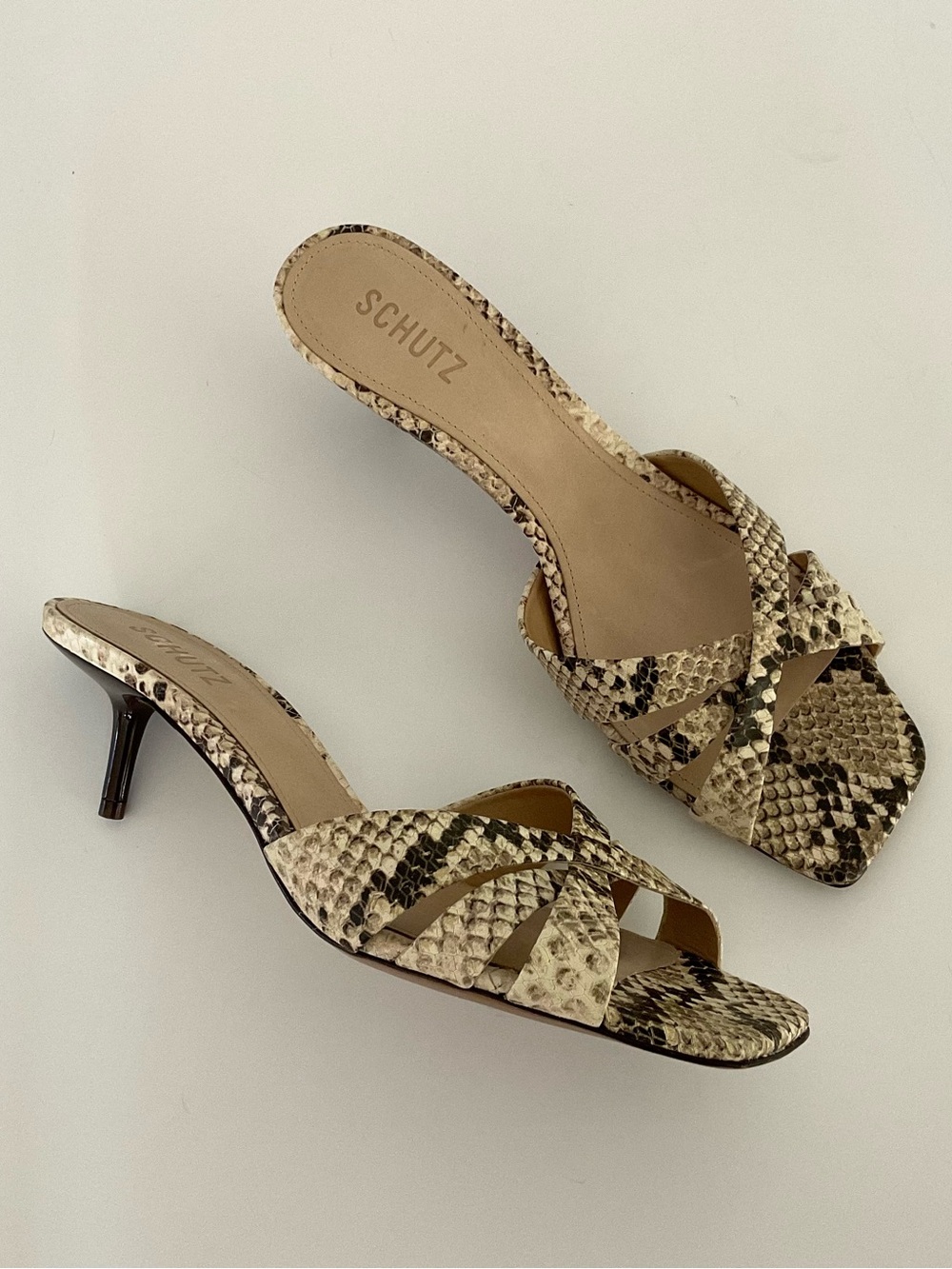 SCHUTZ Python Print Square Tie Sandal in Tan Black Size 10.5